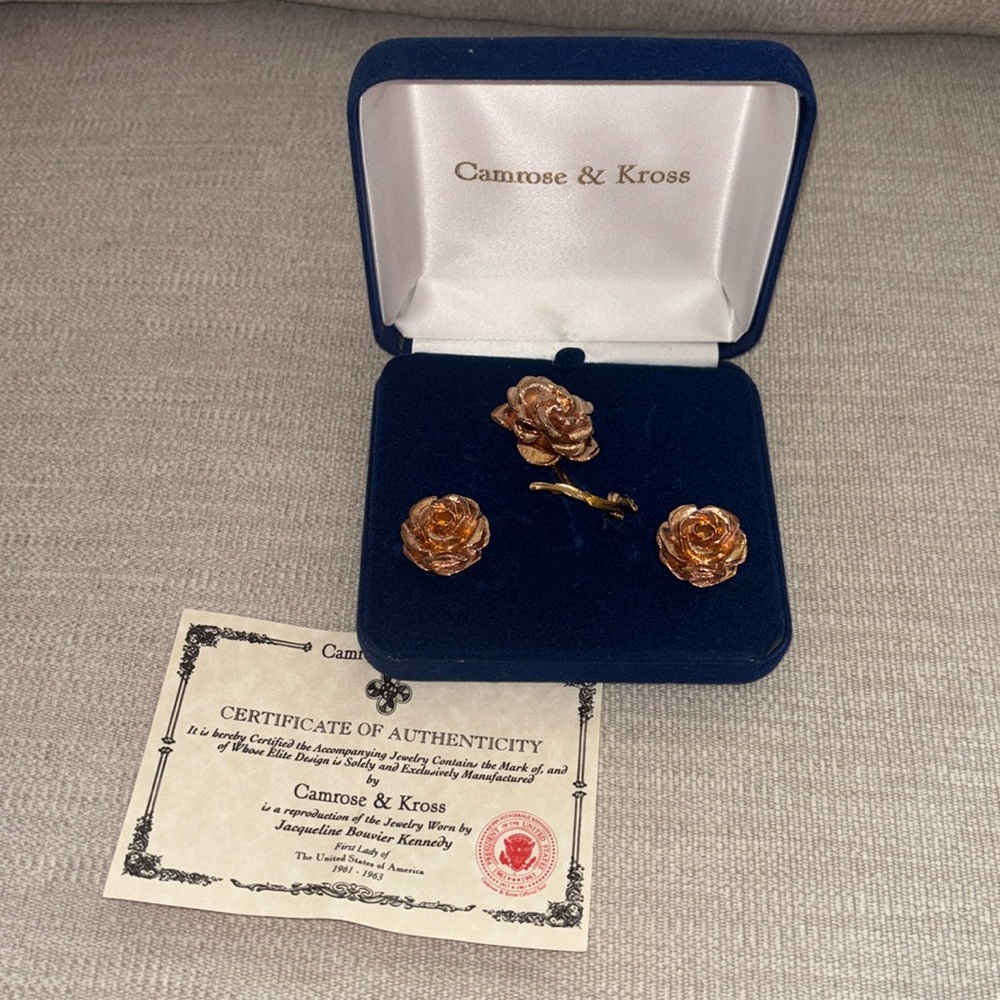 Camrose & Kross Vintage Rose Jacqueline Bouvier Kennedy Brooch Earrings Set